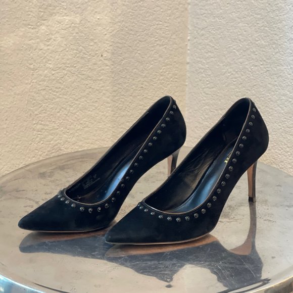 COACH Smith Black Suede Pointed Toe Studded Pumps - Picture 2 of 8